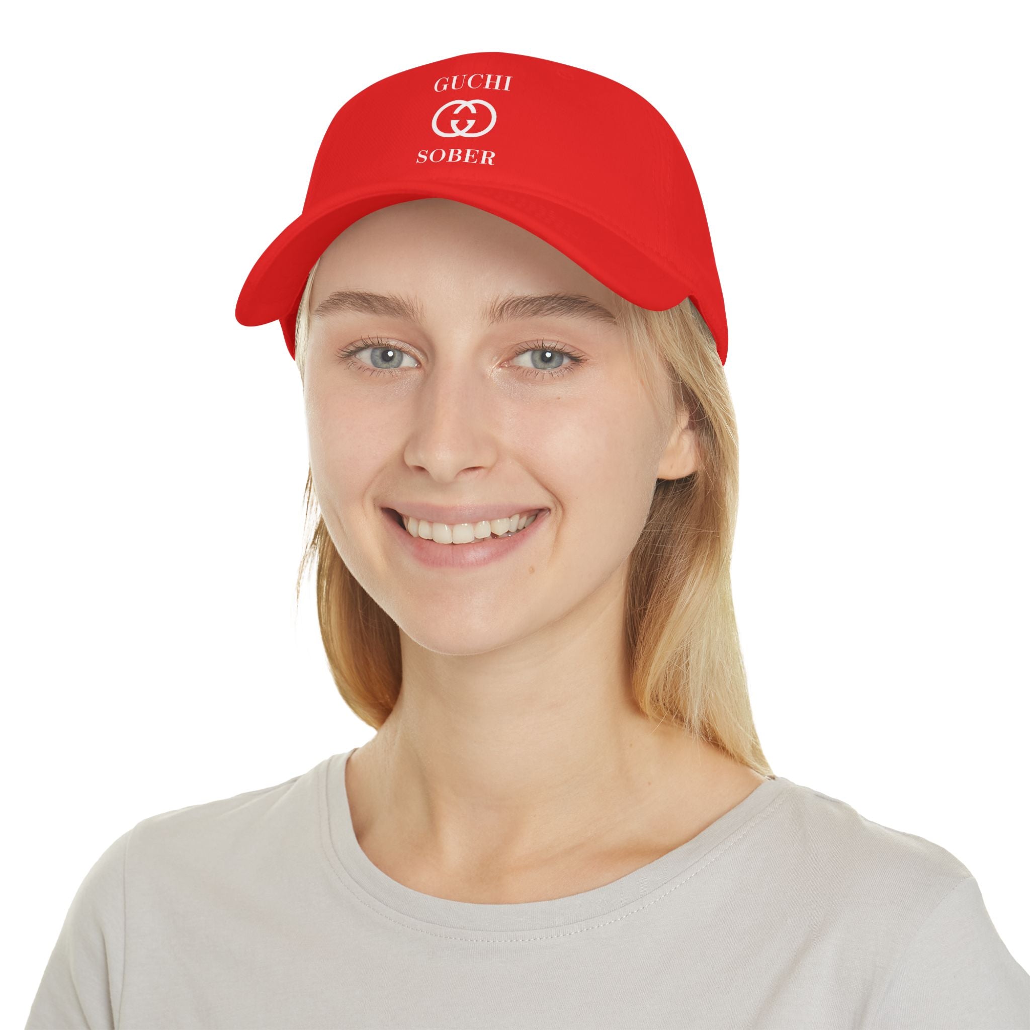 Guchi Sober Luxury-Like High Fashion Fun Humor Motivational Inspired AA NA 12-step Sobriety Recovery Gift White Logo Low Profile Baseball Cap