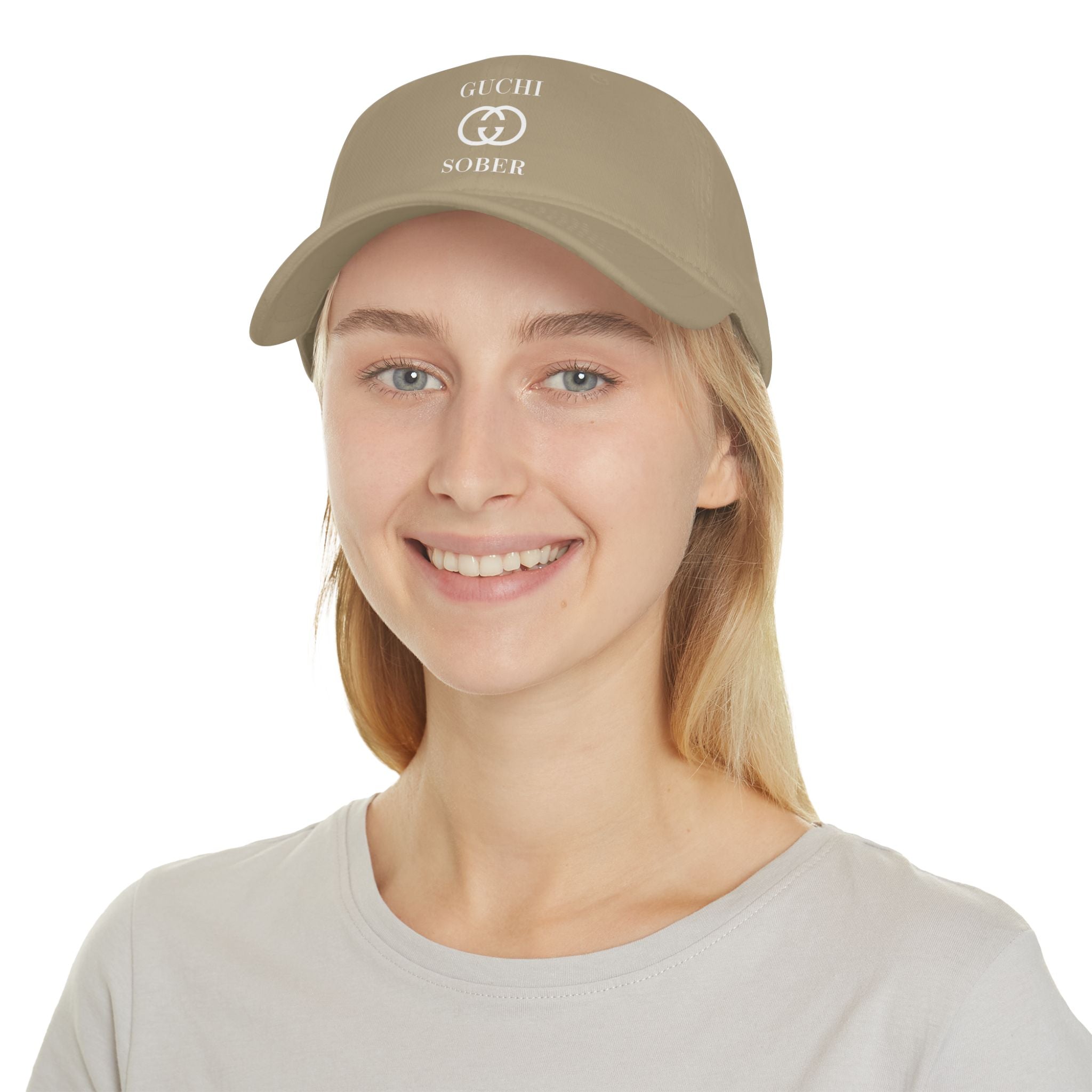 Guchi Sober Luxury-Like High Fashion Fun Humor Motivational Inspired AA NA 12-step Sobriety Recovery Gift White Logo Low Profile Baseball Cap