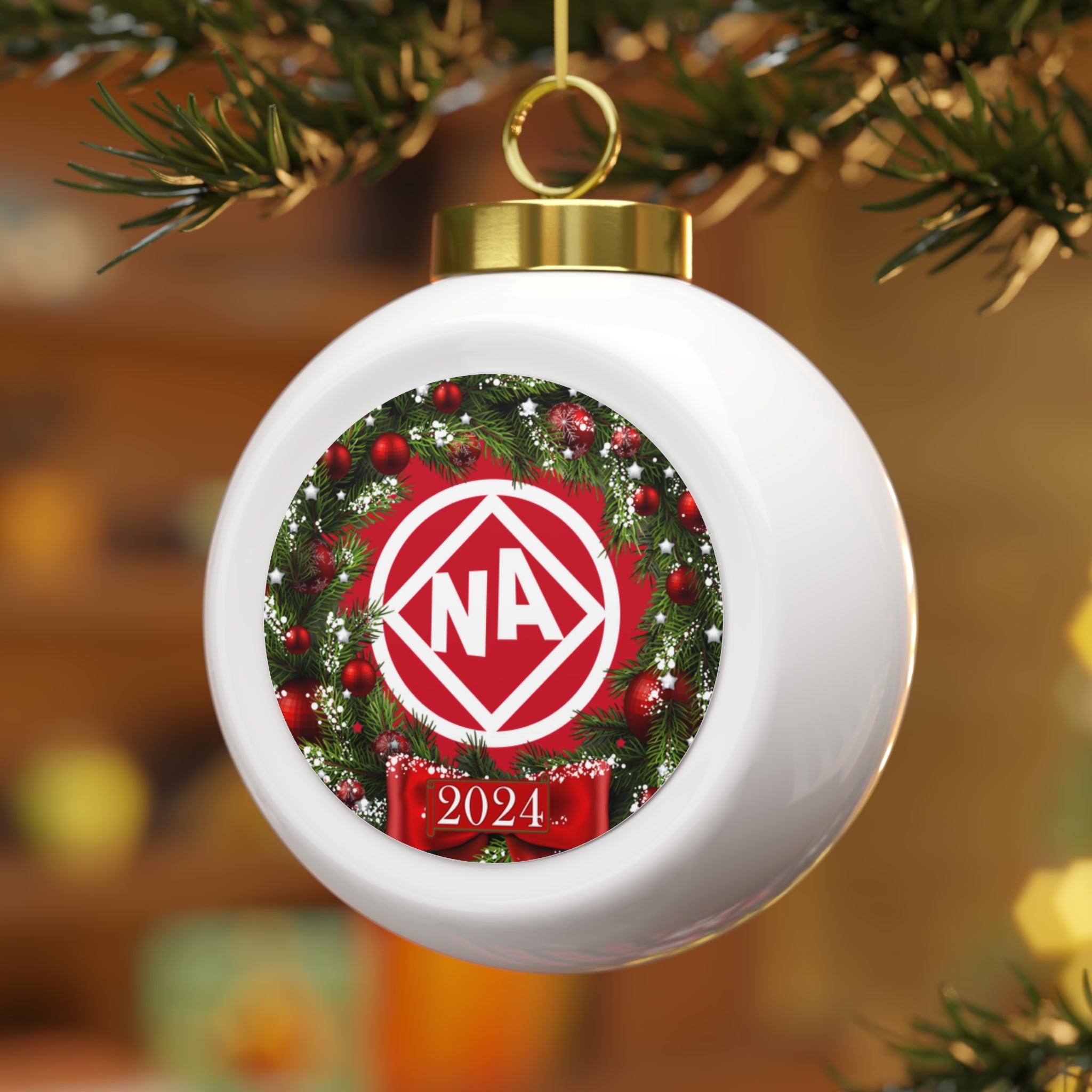 Wreath Circle Diamond NA Logo Addicts Rehab Recovery Clean and Sober 12-step 2024 Ceramic Hanging Holiday Christmas Tree Ornament