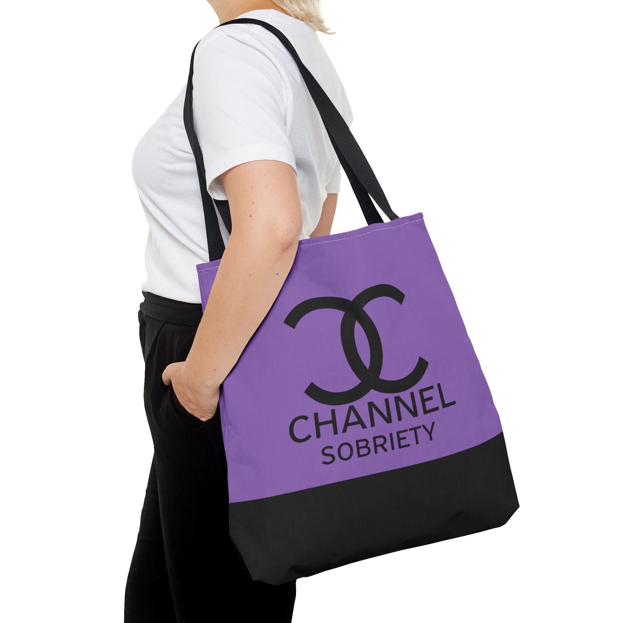 Channel Sobriety Luxury-like High Fashion Fun Humor Motivational Inspired AA NA 12-step Recovery Gift Purple Tote Bag