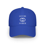 Guchi Sober Luxury-Like High Fashion Fun Humor Motivational Inspired AA NA 12-step Sobriety Recovery Gift White Logo Low Profile Baseball Cap