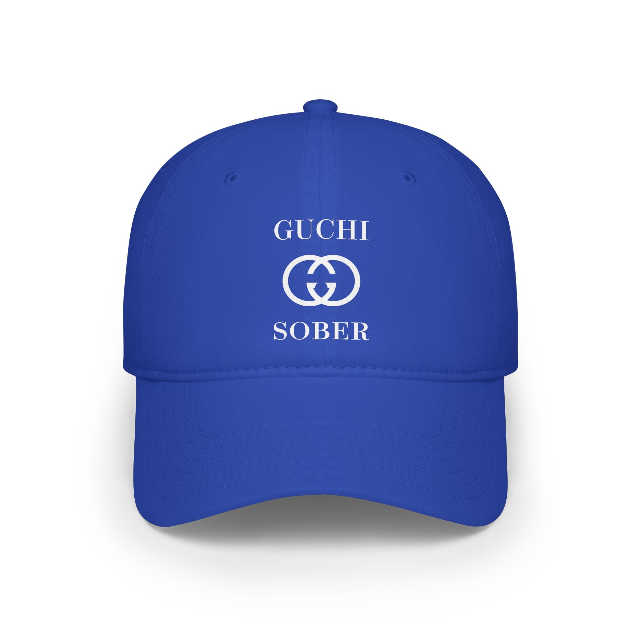 Guchi Sober Luxury-Like High Fashion Fun Humor Motivational Inspired AA NA 12-step Sobriety Recovery Gift White Logo Low Profile Baseball Cap