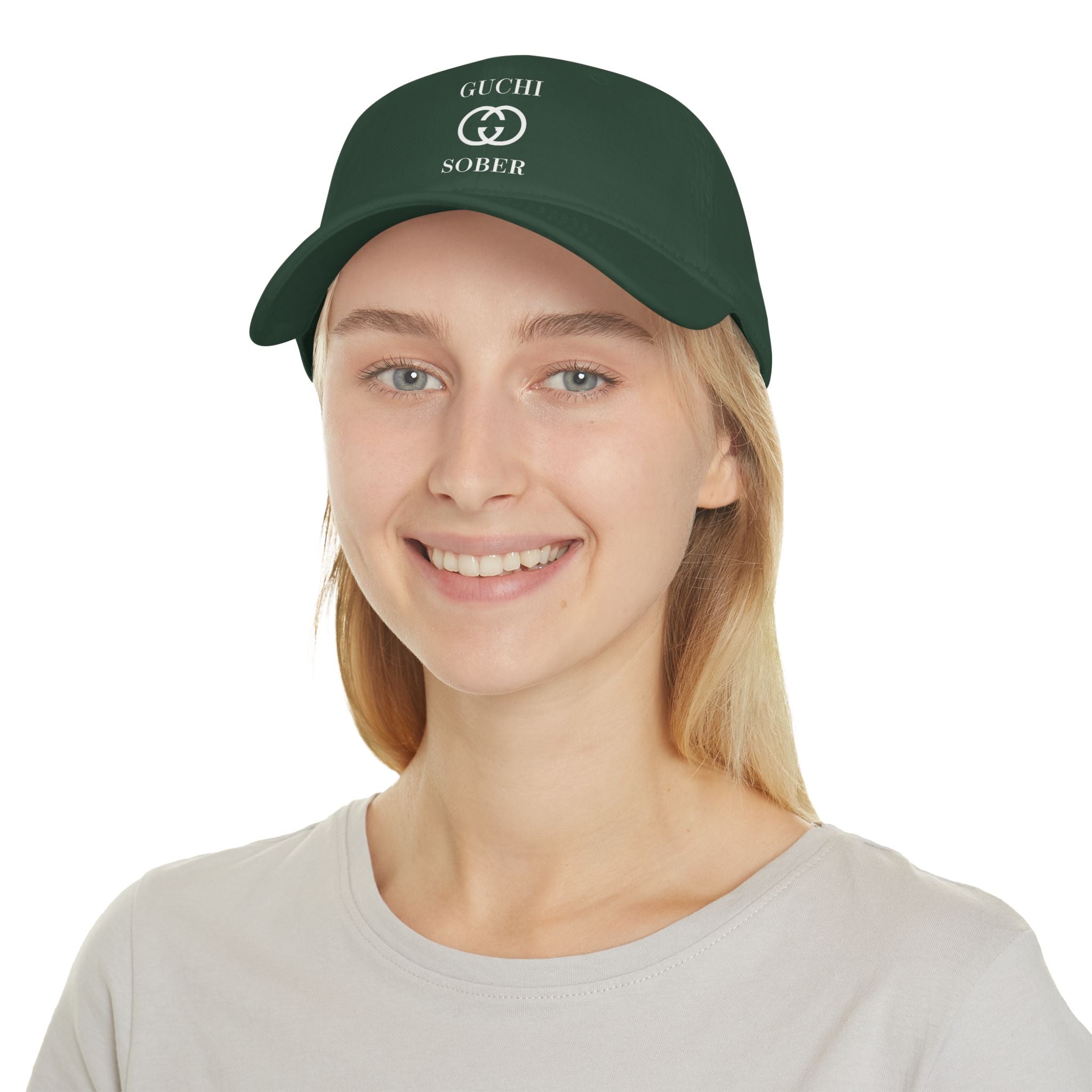 Guchi Sober Luxury-Like High Fashion Fun Humor Motivational Inspired AA NA 12-step Sobriety Recovery Gift White Logo Low Profile Baseball Cap