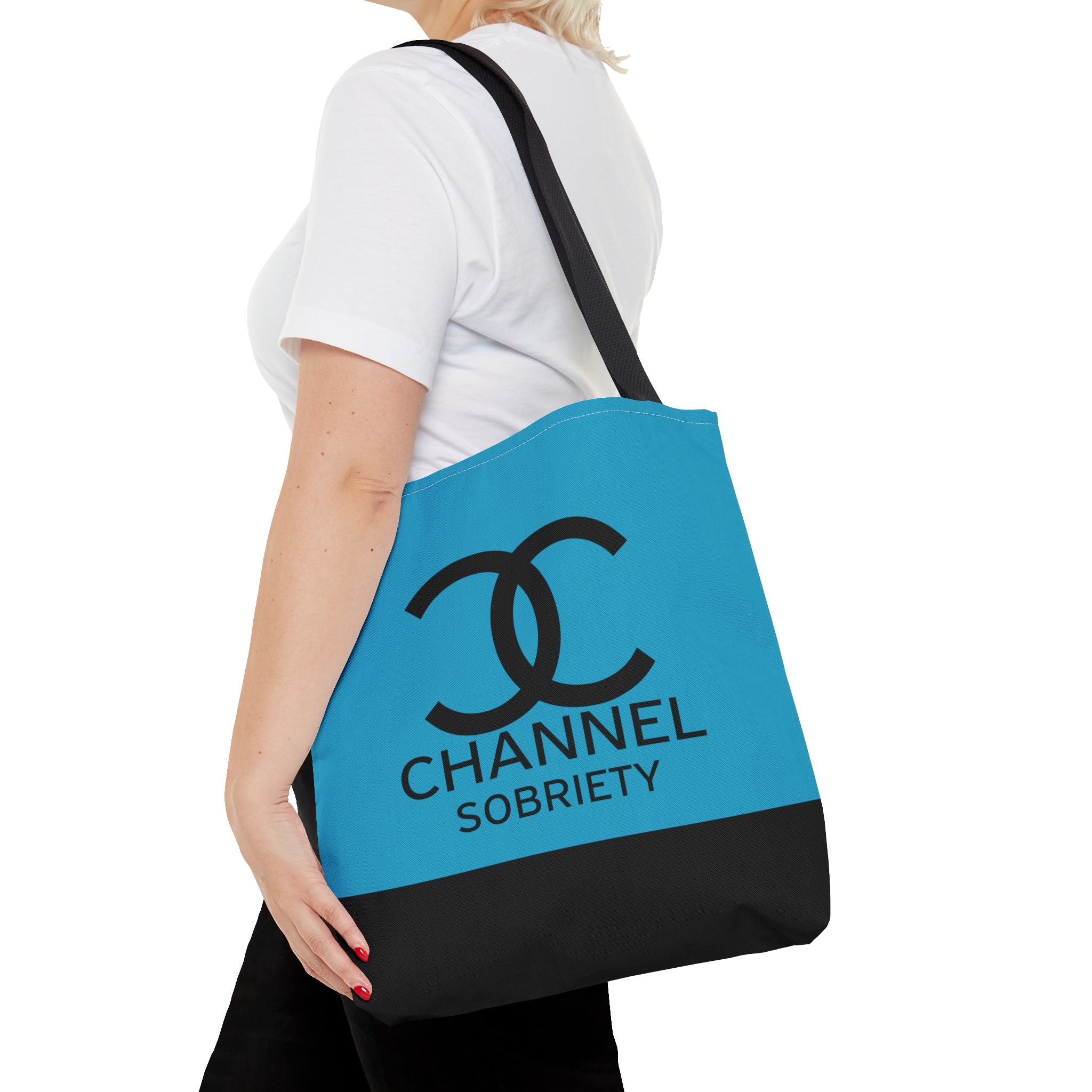 Channel Sobriety Luxury-like High Fashion Fun Humor Motivational Inspired AA NA 12-step Recovery Gift Turquoise Tote Bag