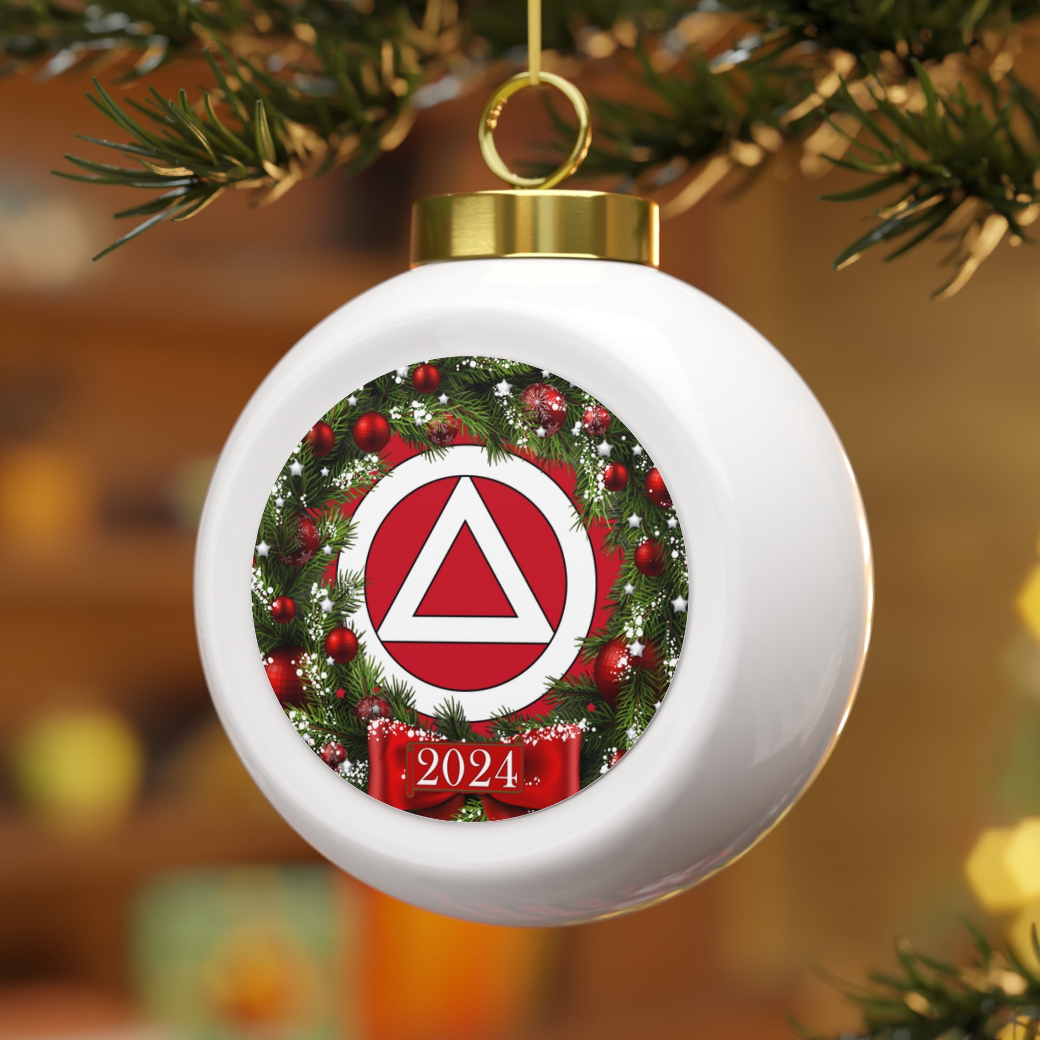 Wreath Circle Triangle AA NA Logo Alcoholics Addicts Rehab Recovery Clean and Sober Sobriety 12-step 2024 Ceramic Hanging Holiday Christmas Tree Ornament