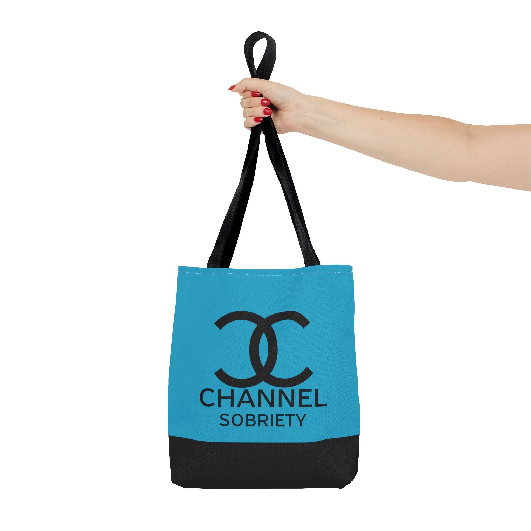 Channel Sobriety Luxury-like High Fashion Fun Humor Motivational Inspired AA NA 12-step Recovery Gift Turquoise Tote Bag