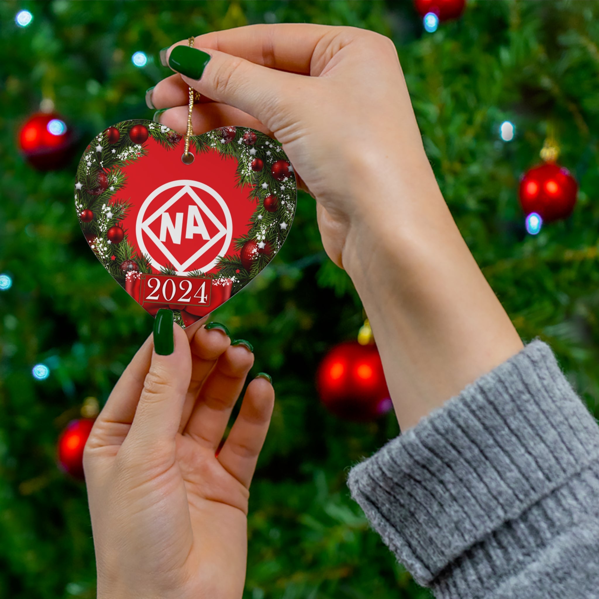 NA Circle Diamond Logo Rehab Recovery 12-Step Support Motivational Inspired Gifts 2024 Ceramic Holiday Christmas Tree Ornament, 4 Shapes