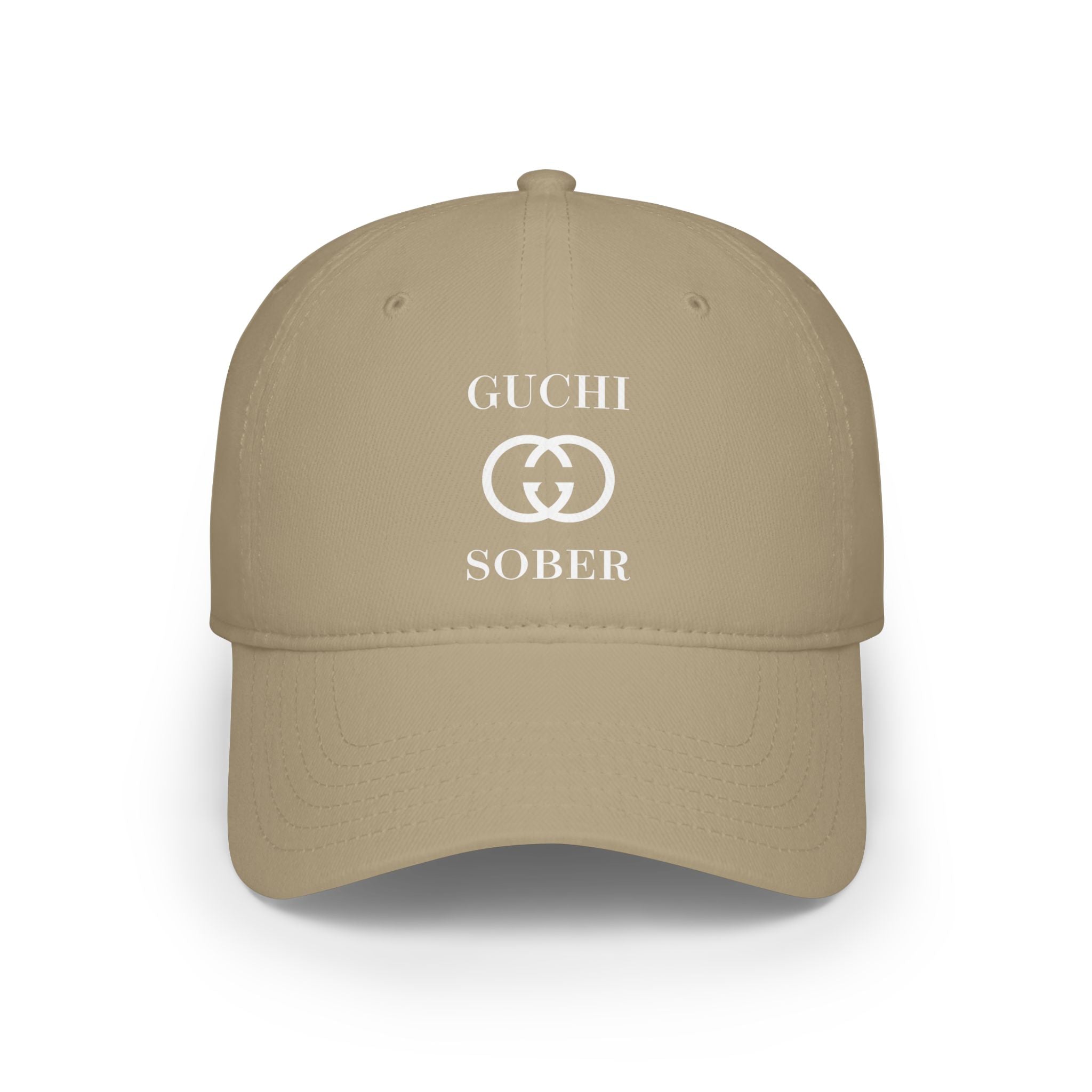 Guchi Sober Luxury-Like High Fashion Fun Humor Motivational Inspired AA NA 12-step Sobriety Recovery Gift White Logo Low Profile Baseball Cap