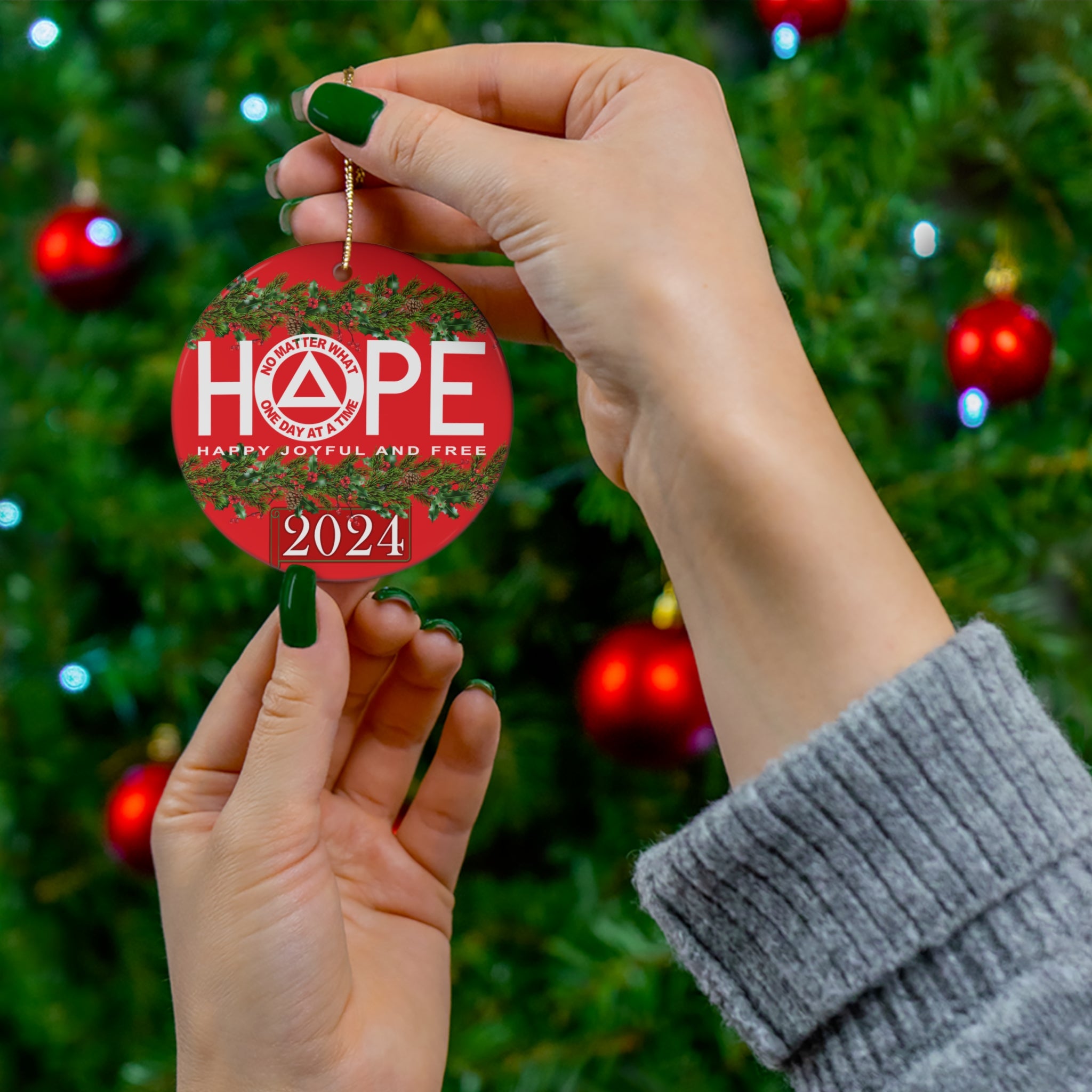 HOPE AA NA Circle Triangle Logo No Matter What One Day at a Time Slogans Sayings Happy Joyful Free 12-Step Rehab Recovery Support Motivational Inspired Gifts Holiday Christmas Tree Ceramic Ornament, 4 Shapes