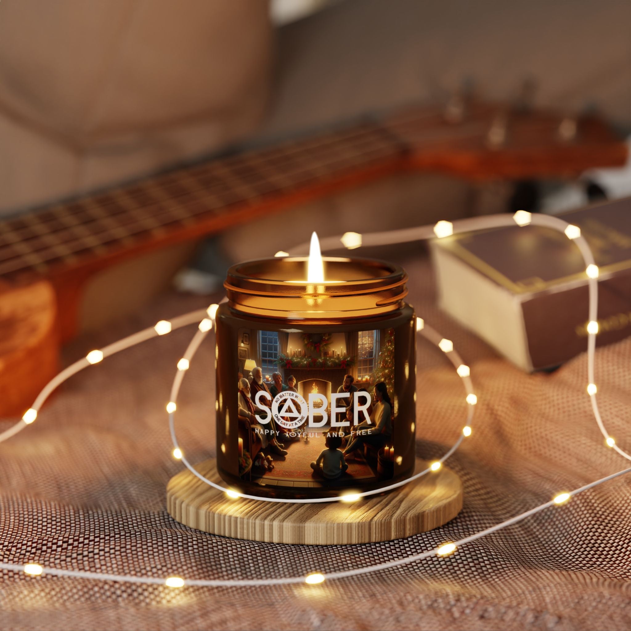 SOBER Gratitude Home for the Holidays Happy Joyful Free AA NA Sayings Slogans No Matter What One Day at a Time Scented Soy Christmas Candle (Multi-Size, Amber Jar)