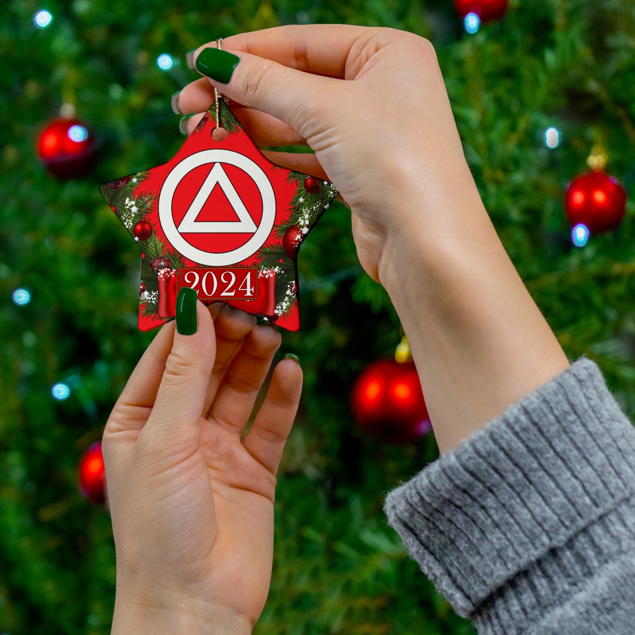 AA NA Circle Triangle Logo Rehab Recovery 12-Step Support Motivational Inspired Gifts 2024 Ceramic Holiday Christmas Tree Ornament, 4 Shapes