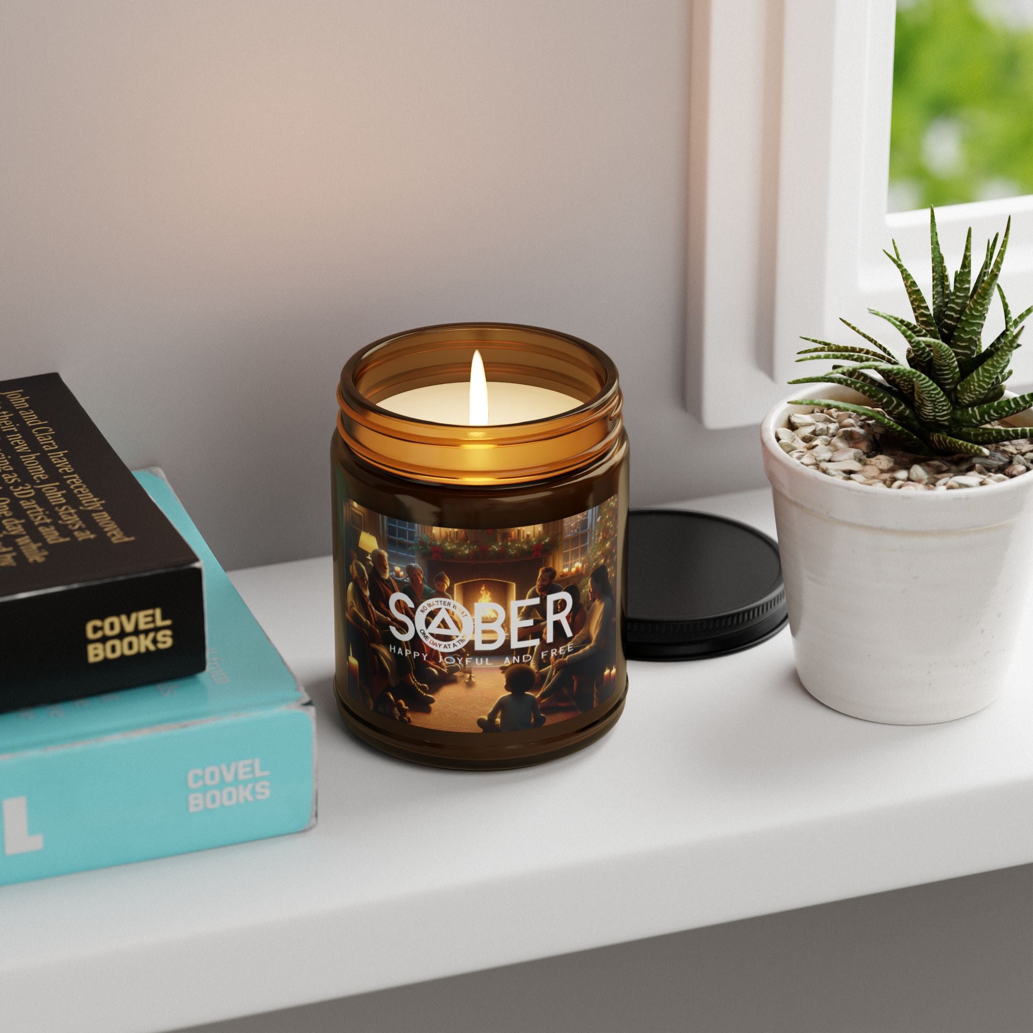 SOBER Gratitude Home for the Holidays Happy Joyful Free AA NA Sayings Slogans No Matter What One Day at a Time Scented Soy Christmas Candle (Multi-Size, Amber Jar)