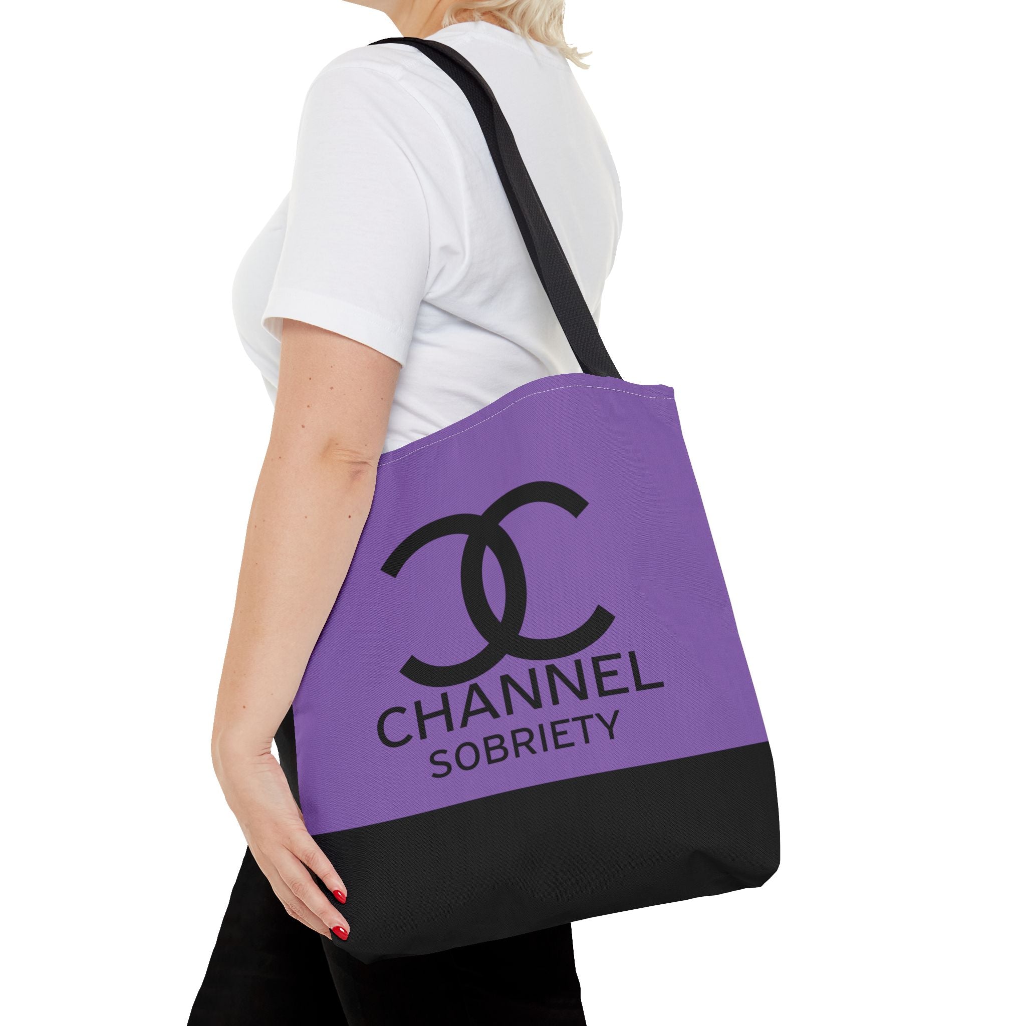 Channel Sobriety Luxury-like High Fashion Fun Humor Motivational Inspired AA NA 12-step Recovery Gift Purple Tote Bag