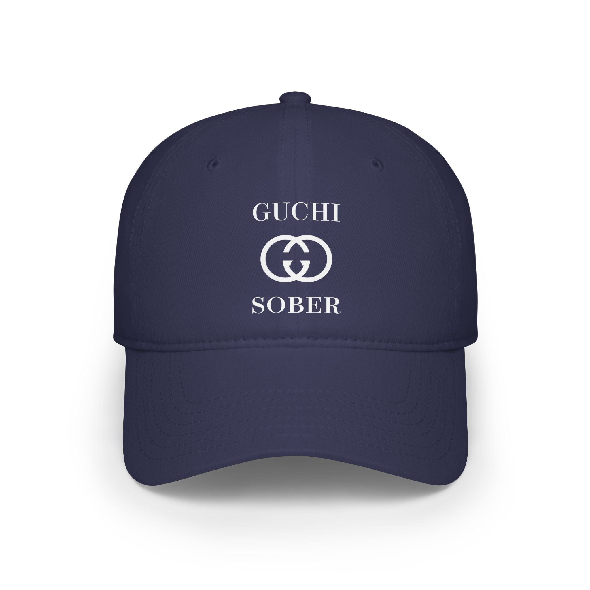 Guchi Sober Luxury-Like High Fashion Fun Humor Motivational Inspired AA NA 12-step Sobriety Recovery Gift White Logo Low Profile Baseball Cap