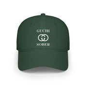 Guchi Sober Luxury-Like High Fashion Fun Humor Motivational Inspired AA NA 12-step Sobriety Recovery Gift White Logo Low Profile Baseball Cap