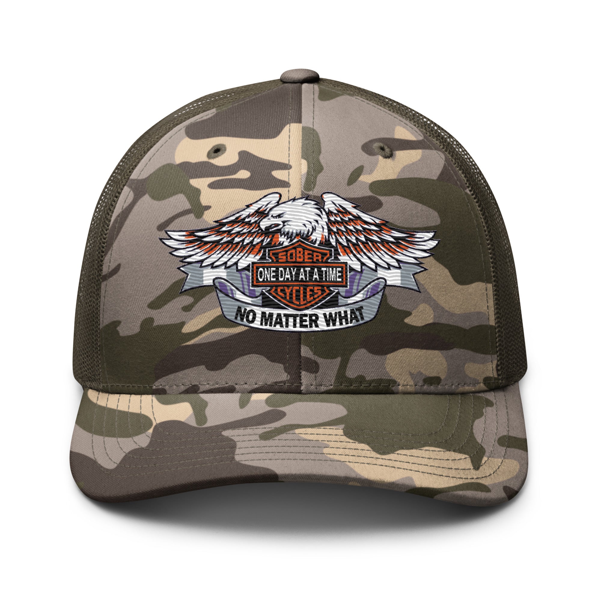 Motorcycle Wings Sober Cycles One Day at a Time No Matter What AA NA Slogans Sayings 12-Step Recovery Gifts Camouflage mesh snapback hat