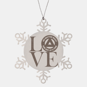 LOVE AA NA Circle Triangle Logo No Matter What One Day at a Time Slogans Sayings Happy Joyful Free 12-Step Rehab Recovery Support Motivational Inspired Gifts Snowflake Holiday Christmas Stainless Steel Engraved Ornament