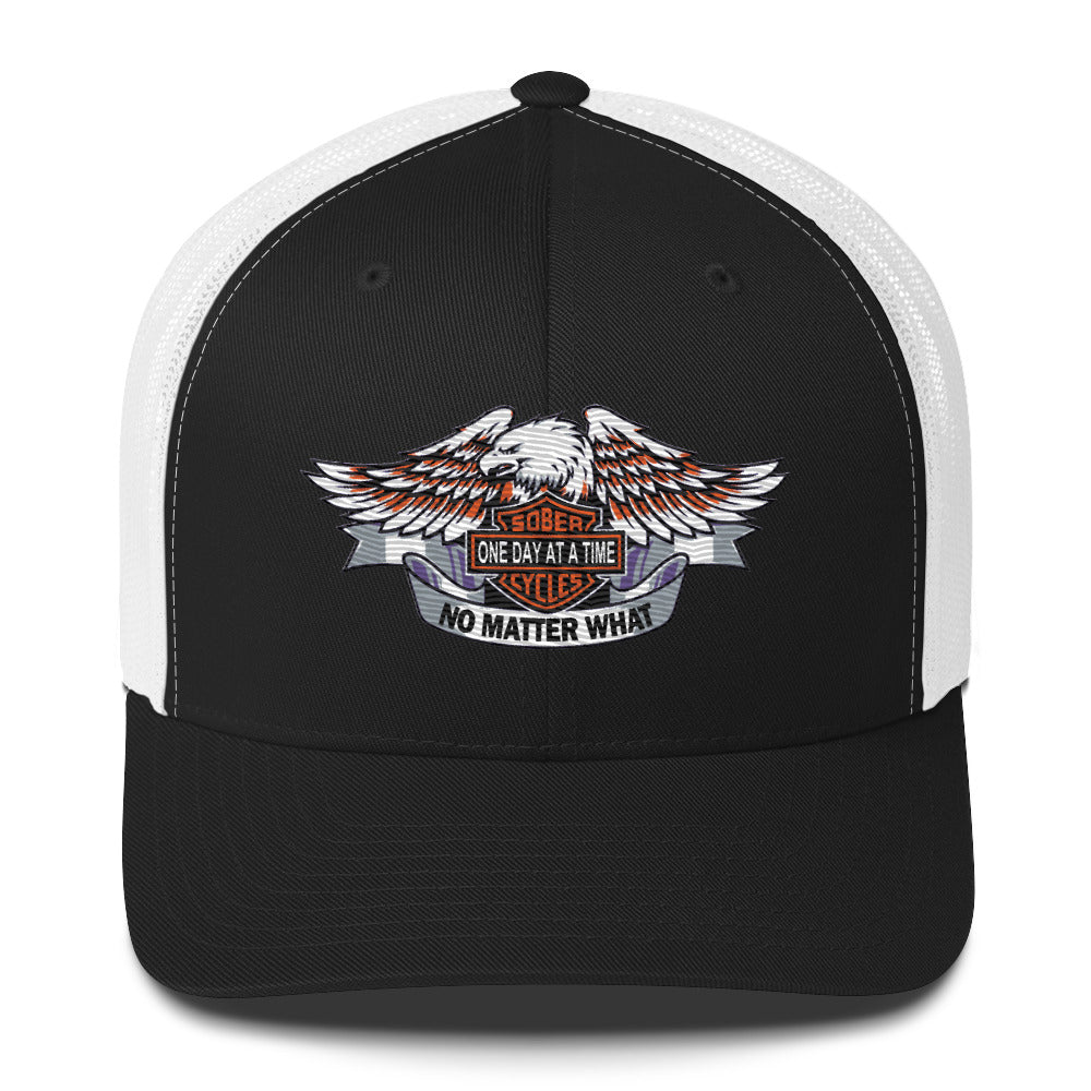 Motorcycle Wings Sober Cycles One Day at a Time No Matter What AA NA Slogans Sayings 12-Step Recovery Gifts Retro mesh snapback hat