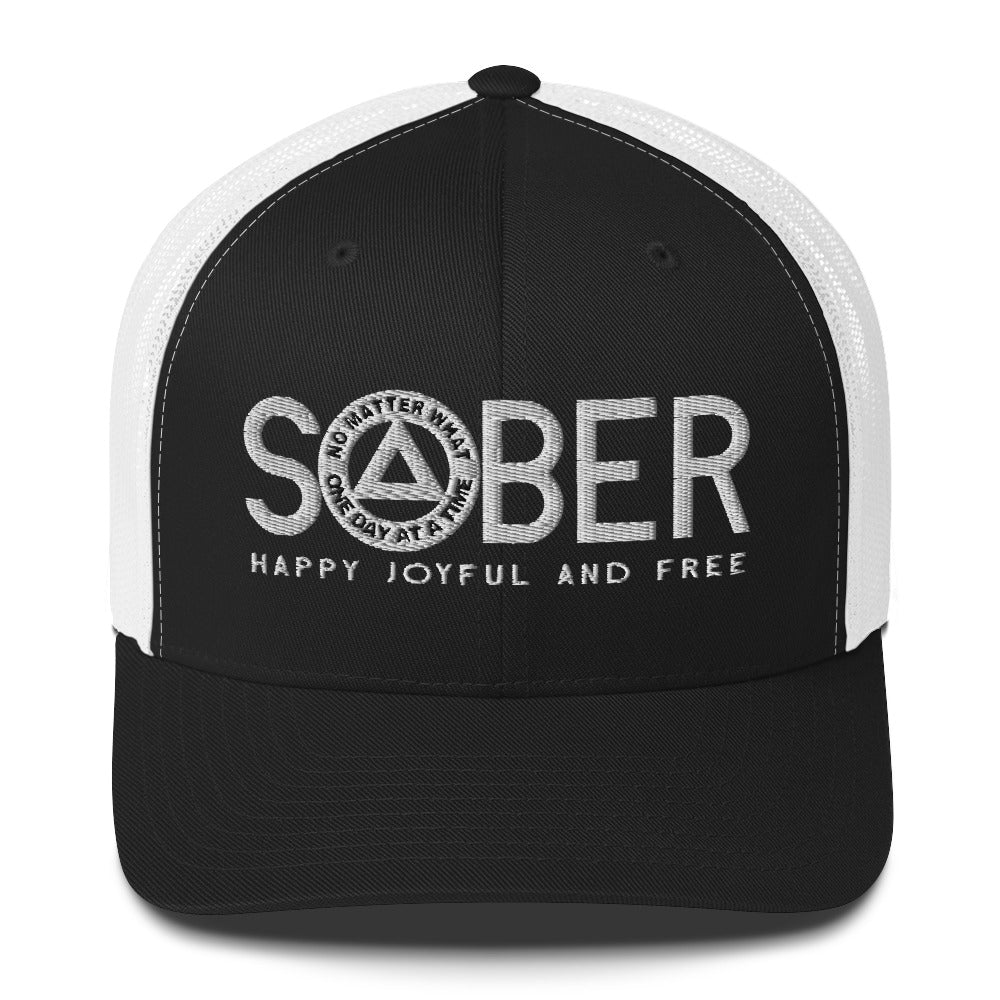 SOBER AA NA White Logo No Matter What One Day at a Time Happy Joyful Free Recovery Slogans Sayings Mesh Retro Hat