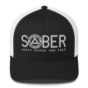 SOBER AA NA White Logo No Matter What One Day at a Time Happy Joyful Free Recovery Slogans Sayings Mesh Retro Hat