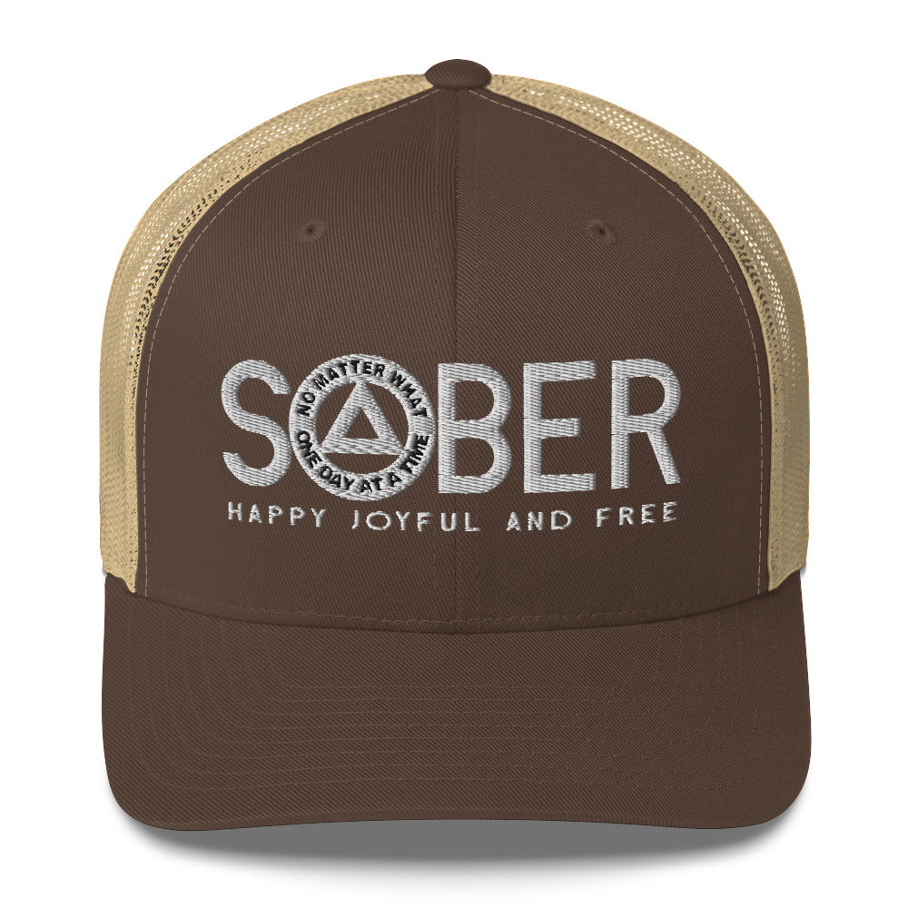 SOBER AA NA White Logo No Matter What One Day at a Time Happy Joyful Free Recovery Slogans Sayings Mesh Retro Hat