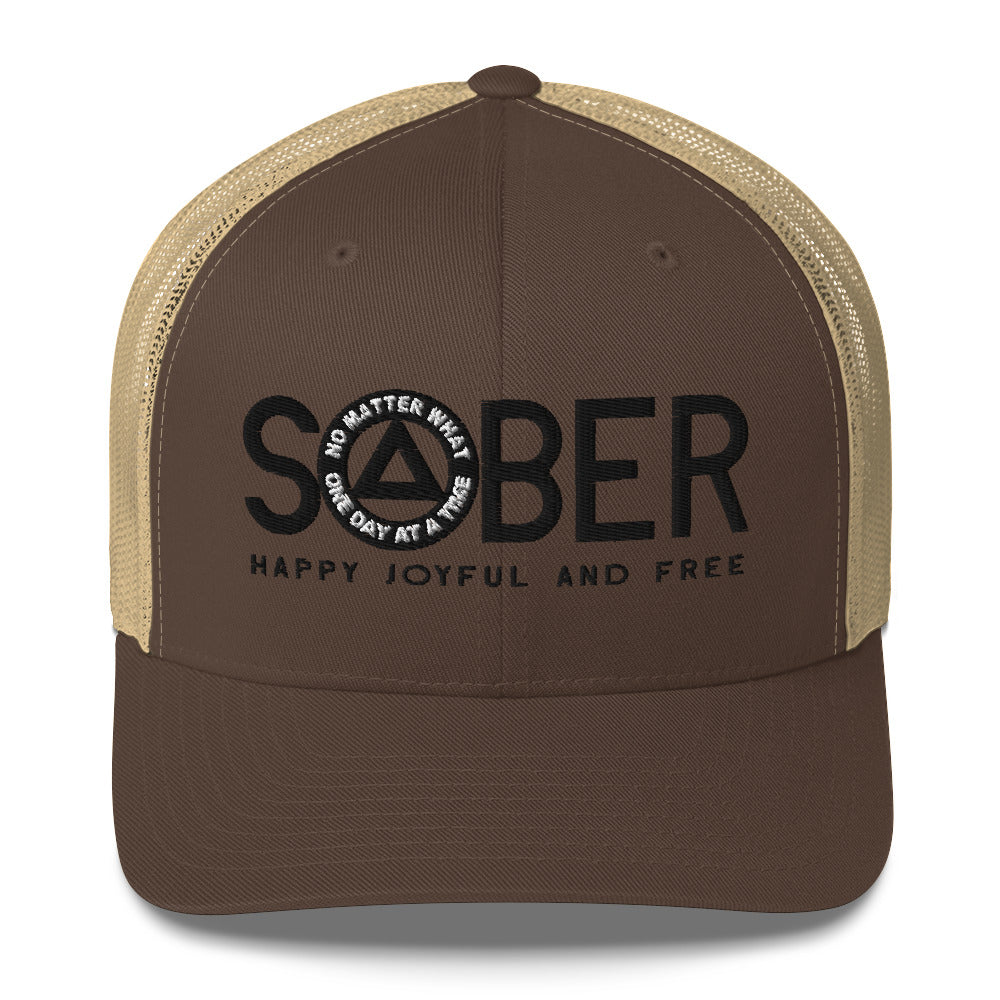 SOBER AA NA Black Logo No Matter What One Day at a Time Happy Joyful Free Recovery Slogans Sayings Mesh Retro Hat