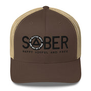 SOBER AA NA Black Logo No Matter What One Day at a Time Happy Joyful Free Recovery Slogans Sayings Mesh Retro Hat