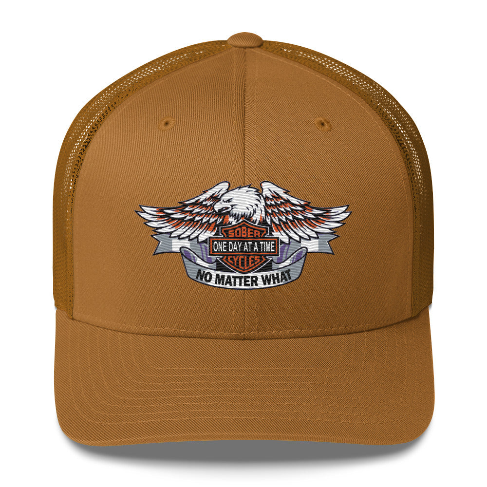 Motorcycle Wings Sober Cycles One Day at a Time No Matter What AA NA Slogans Sayings 12-Step Recovery Gifts Retro mesh snapback hat