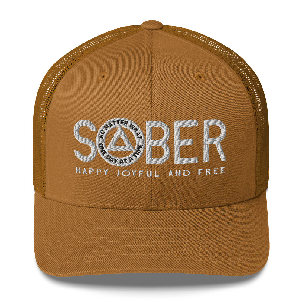 SOBER AA NA White Logo No Matter What One Day at a Time Happy Joyful Free Recovery Slogans Sayings Mesh Retro Hat