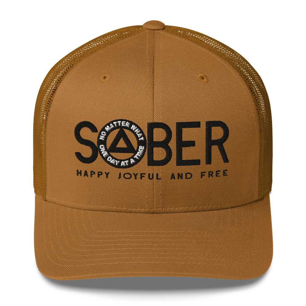 SOBER AA NA Black Logo No Matter What One Day at a Time Happy Joyful Free Recovery Slogans Sayings Mesh Retro Hat