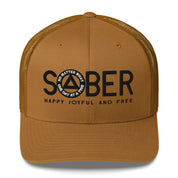 SOBER AA NA Black Logo No Matter What One Day at a Time Happy Joyful Free Recovery Slogans Sayings Mesh Retro Hat
