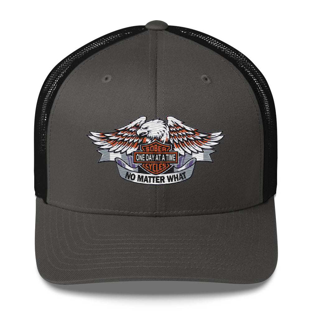 Motorcycle Wings Sober Cycles One Day at a Time No Matter What AA NA Slogans Sayings 12-Step Recovery Gifts Retro mesh snapback hat