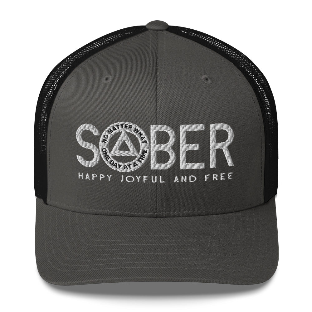 SOBER AA NA White Logo No Matter What One Day at a Time Happy Joyful Free Recovery Slogans Sayings Mesh Retro Hat