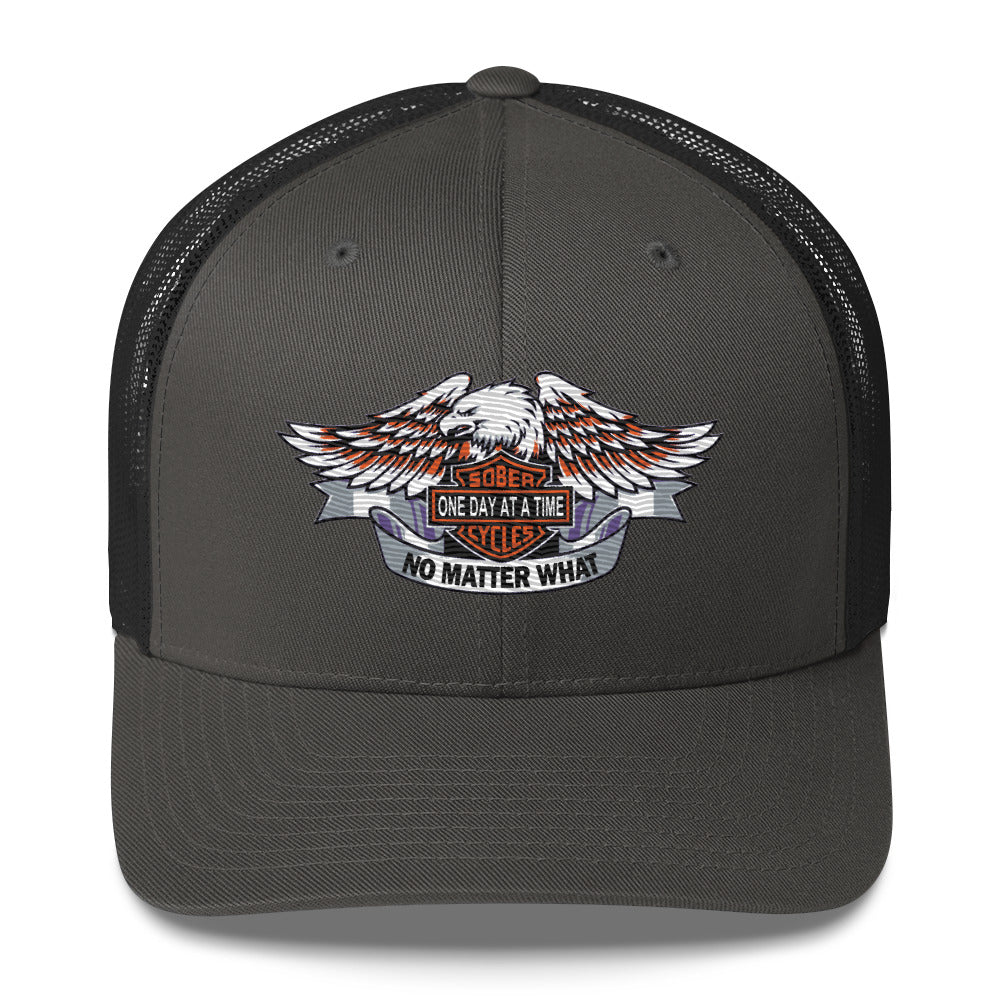 Motorcycle Wings Sober Cycles One Day at a Time No Matter What AA NA Slogans Sayings 12-Step Recovery Gifts Retro mesh snapback hat