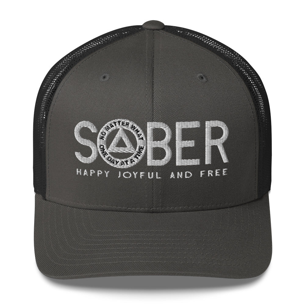 SOBER AA NA White Logo No Matter What One Day at a Time Happy Joyful Free Recovery Slogans Sayings Mesh Retro Hat