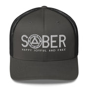 SOBER AA NA White Logo No Matter What One Day at a Time Happy Joyful Free Recovery Slogans Sayings Mesh Retro Hat