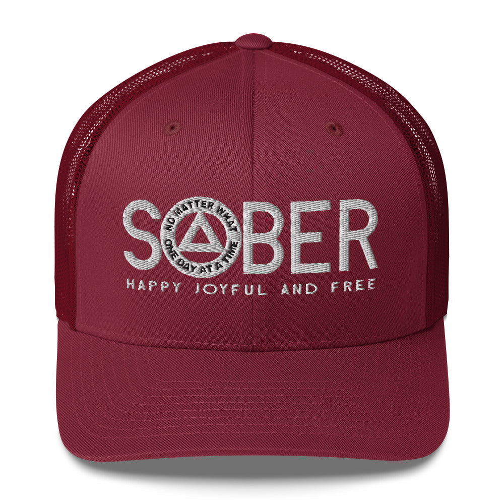 SOBER AA NA White Logo No Matter What One Day at a Time Happy Joyful Free Recovery Slogans Sayings Mesh Retro Hat