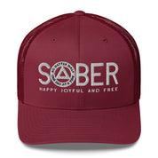 SOBER AA NA White Logo No Matter What One Day at a Time Happy Joyful Free Recovery Slogans Sayings Mesh Retro Hat