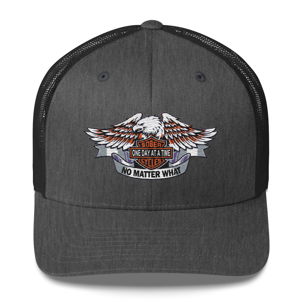 Motorcycle Wings Sober Cycles One Day at a Time No Matter What AA NA Slogans Sayings 12-Step Recovery Gifts Retro mesh snapback hat