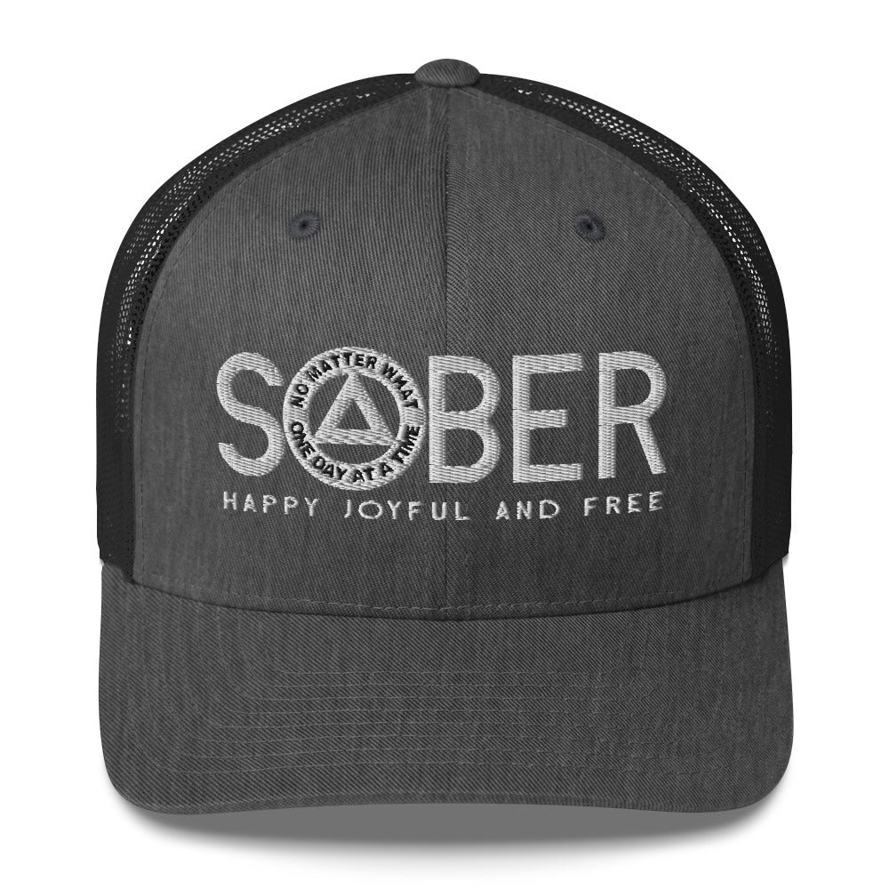 SOBER AA NA White Logo No Matter What One Day at a Time Happy Joyful Free Recovery Slogans Sayings Mesh Retro Hat