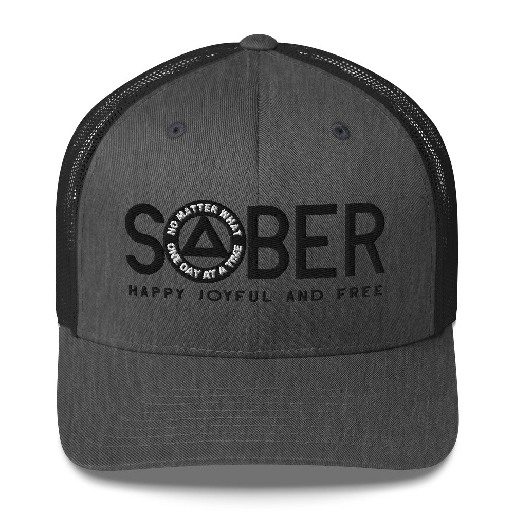 SOBER AA NA Black Logo No Matter What One Day at a Time Happy Joyful Free Recovery Slogans Sayings Mesh Retro Hat