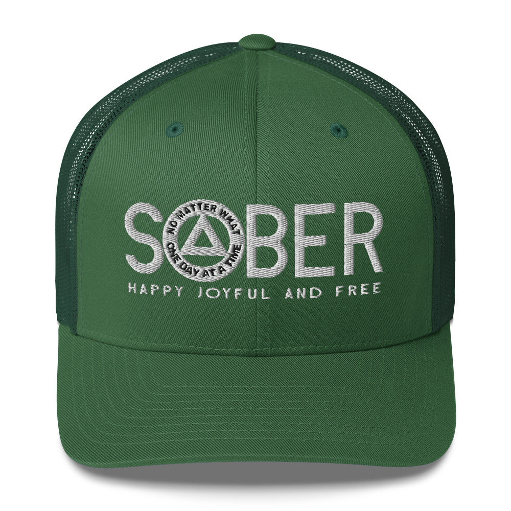 SOBER AA NA White Logo No Matter What One Day at a Time Happy Joyful Free Recovery Slogans Sayings Mesh Retro Hat