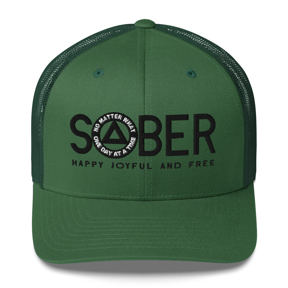 SOBER AA NA Black Logo No Matter What One Day at a Time Happy Joyful Free Recovery Slogans Sayings Mesh Retro Hat