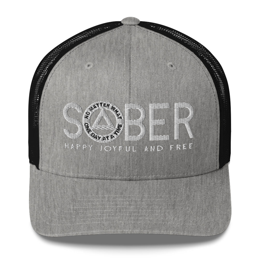 SOBER AA NA White Logo No Matter What One Day at a Time Happy Joyful Free Recovery Slogans Sayings Mesh Retro Hat