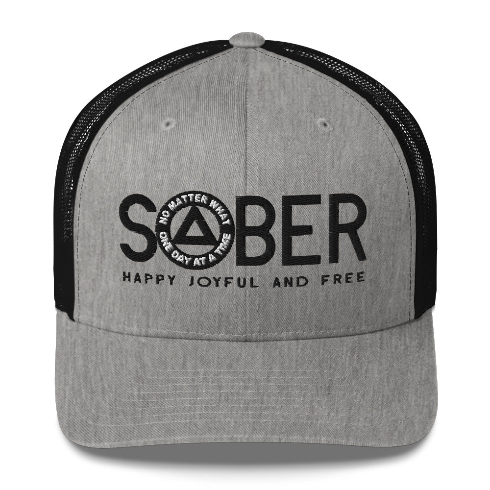 SOBER AA NA Black Logo No Matter What One Day at a Time Happy Joyful Free Recovery Slogans Sayings Mesh Retro Hat