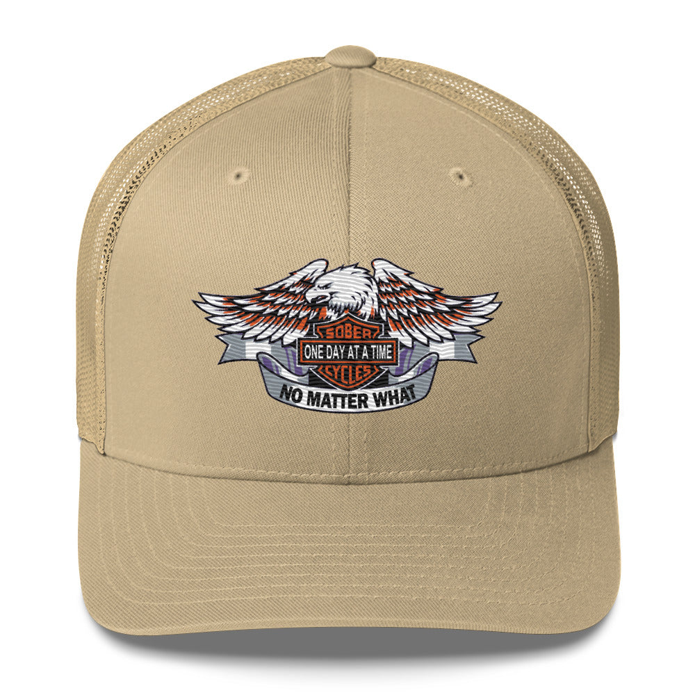 Motorcycle Wings Sober Cycles One Day at a Time No Matter What AA NA Slogans Sayings 12-Step Recovery Gifts Retro mesh snapback hat