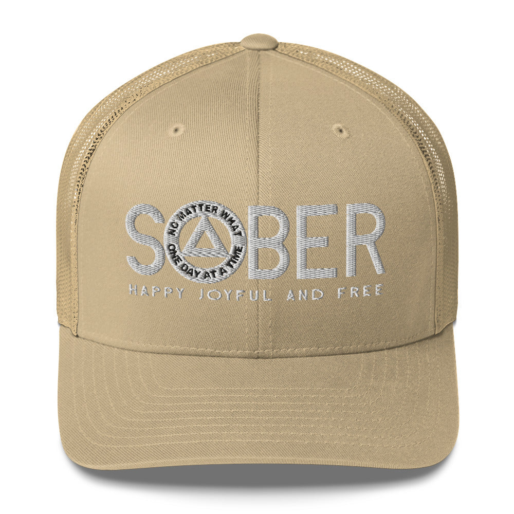 SOBER AA NA White Logo No Matter What One Day at a Time Happy Joyful Free Recovery Slogans Sayings Mesh Retro Hat