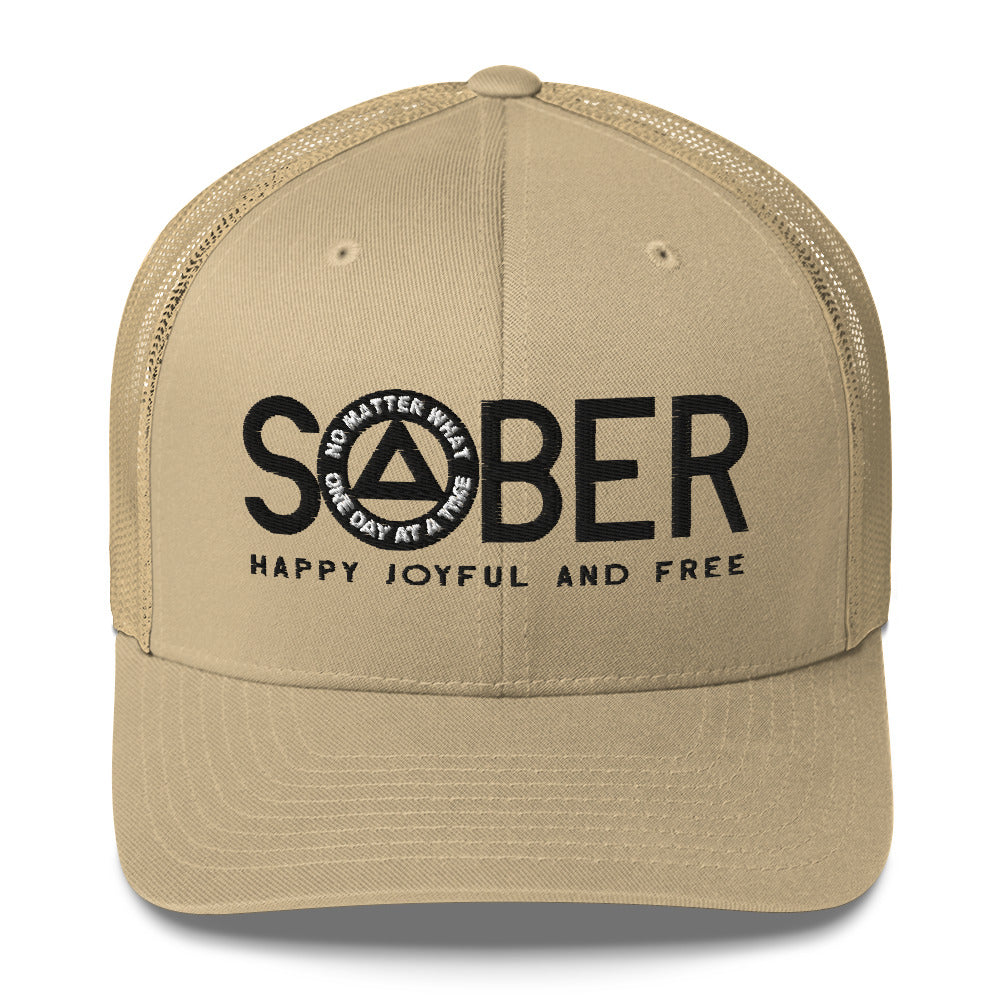 SOBER AA NA Black Logo No Matter What One Day at a Time Happy Joyful Free Recovery Slogans Sayings Mesh Retro Hat