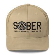 SOBER AA NA Black Logo No Matter What One Day at a Time Happy Joyful Free Recovery Slogans Sayings Mesh Retro Hat