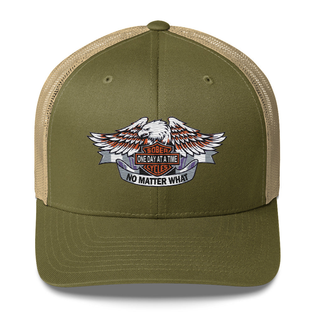 Motorcycle Wings Sober Cycles One Day at a Time No Matter What AA NA Slogans Sayings 12-Step Recovery Gifts Retro mesh snapback hat